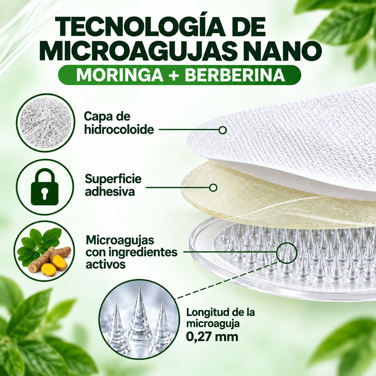 PARCHE METABÓLICO 10 EN 1 Moringa + Berberina con tecnología avanzada de microagujas