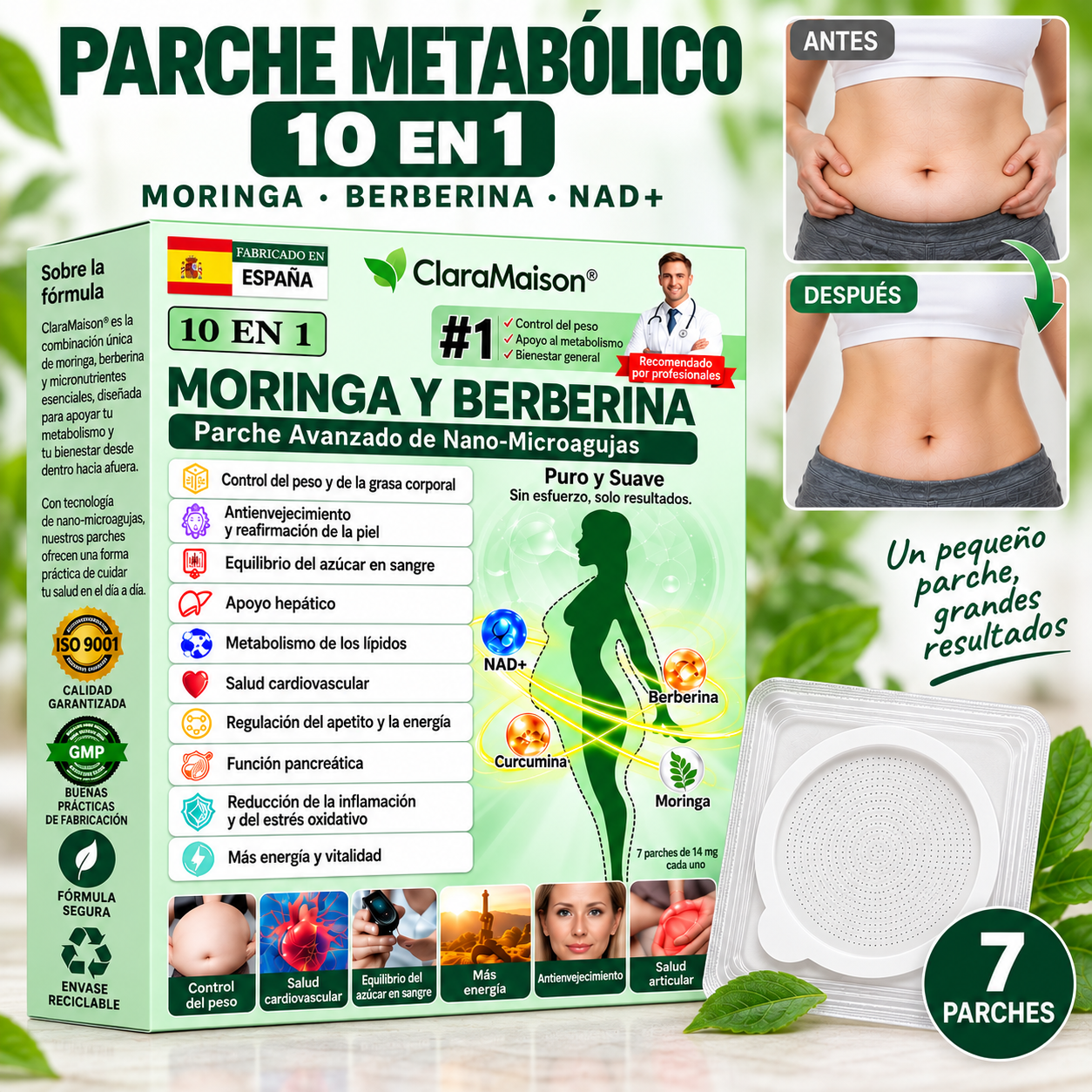 PARCHE METABÓLICO 10 EN 1 Moringa + Berberina con tecnología avanzada de microagujas