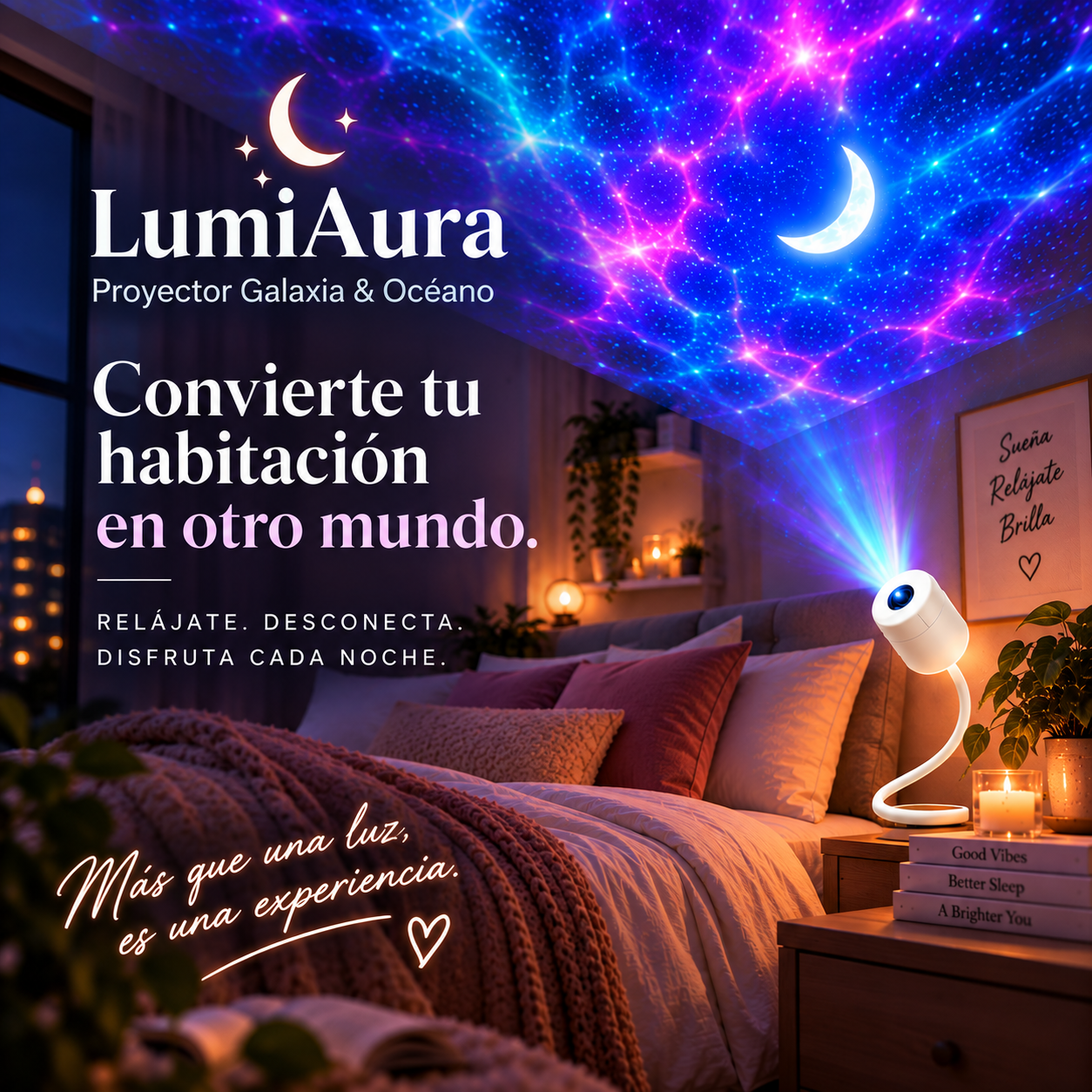 LumiAura Proyector Galaxia & Océano — Convierte tu habitación en otro mundo.